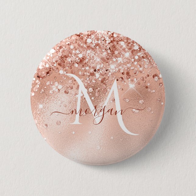 Badge Rond 5 Cm Parties scintillant Peach Rose or Monogramme (Devant)