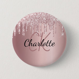Badge Rond 5 Cm Parties scintillant rose goutte nom monogramme per