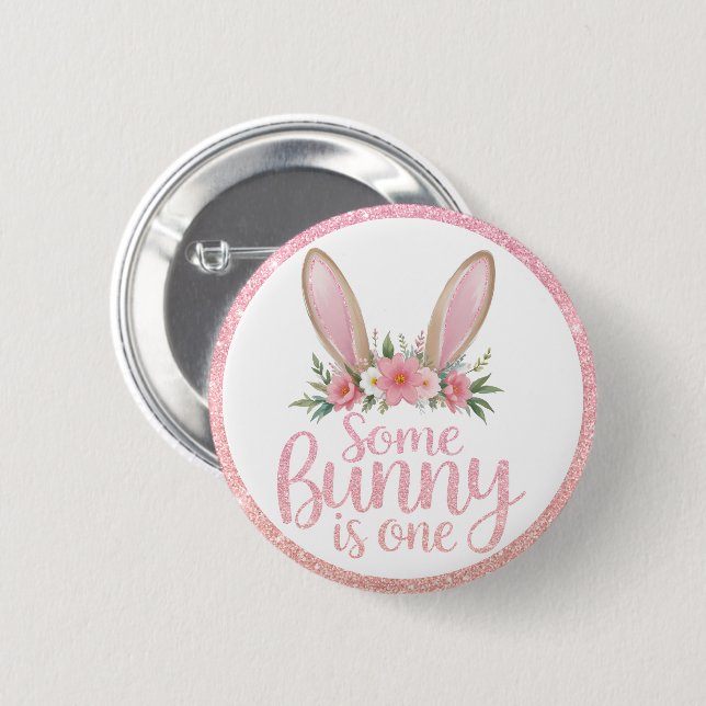 Badge Rond 5 Cm Parties scintillant rose Lapin Floral Oreille la m (Devant & derrière)