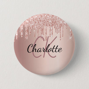 Badge Rond 5 Cm parties scintillant rose or goutte nom monogramme