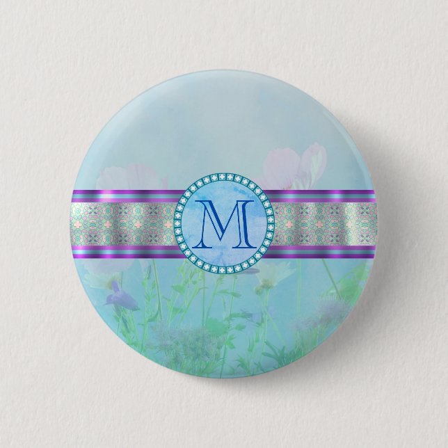 Badge Rond 5 Cm Pastel Blue Floral Monogramme (Devant)