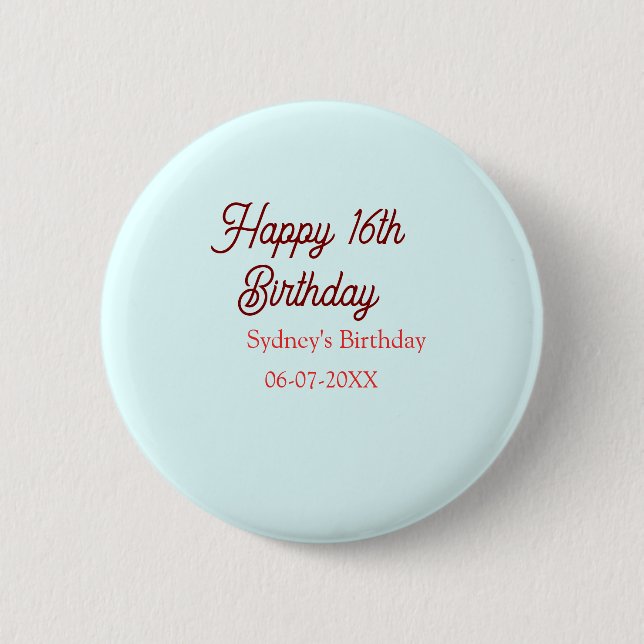 Badge Rond 5 Cm Pastel blue red happy 16th birthday name date eleg (Devant)