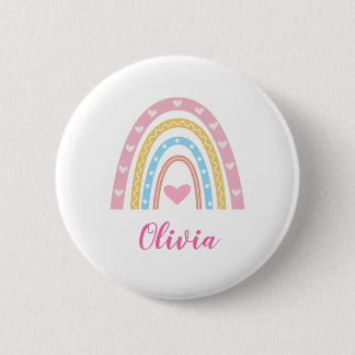 Badge Rond 5 Cm Pastel boho arc-en-ciel et coeurs nom personnalisé