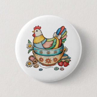 Badge Rond 5 Cm Patchwork Vintage Hen Quilted Chicken Thrifty
