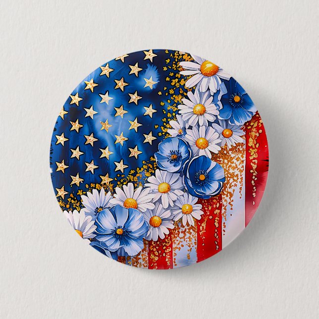 Badge Rond 5 Cm Patriotic American Flag Floral Glitter Button (Devant)