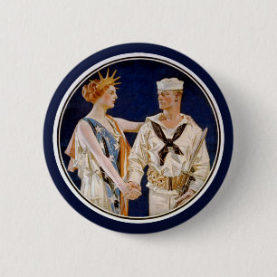 Badge Rond 5 Cm Patriotisme vintage, Lady Liberty avec Marine Seam