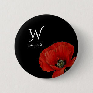 Badge Rond 5 Cm Pavot rouge monogramme sur noir simple