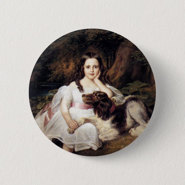 Badge Rond 5 Cm Paysage avec fille et chien (Devant)