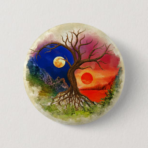 Badge Rond 5 Cm Paysage de Yin Yang Tree