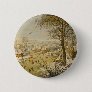 Badge Rond 5 Cm Paysage d'hiver avec des patineurs et un piège à o