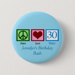 Badge Rond 5 Cm Peace Love 30th Birthday Custom Blue Monogramme