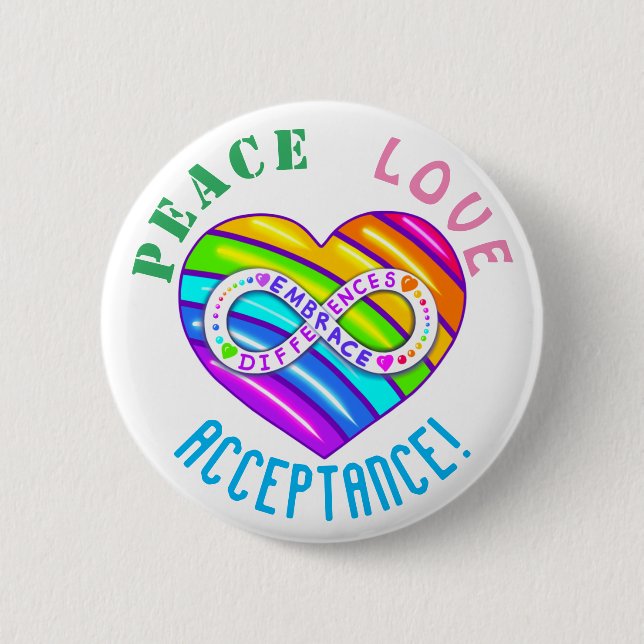 Badge Rond 5 Cm Peace Love Acceptation Arc-en-ciel Autisme Bouton  (Devant)