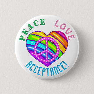 Badge Rond 5 Cm Peace Love Acceptation Arc-en-ciel Bouton Coeur