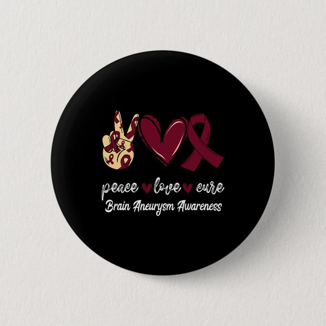 Badge Rond 5 Cm Peace Love Cure Cerveau Aneurysme Bourgogne Ruban  (Devant)