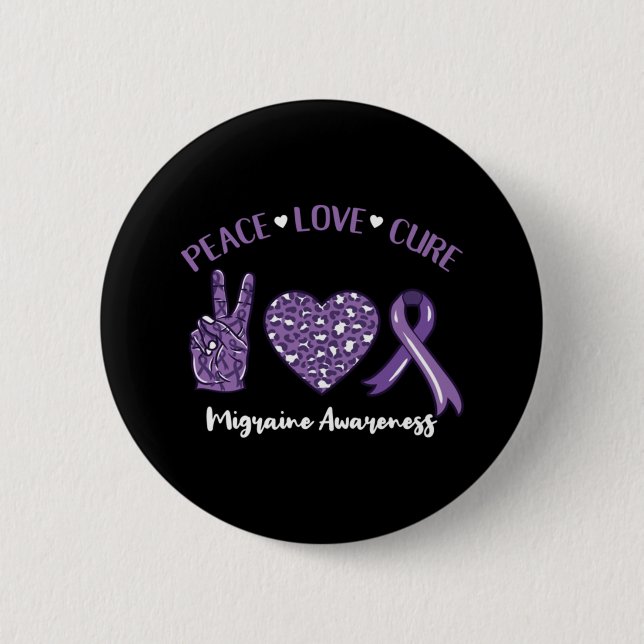 Badge Rond 5 Cm Peace Love Cure Migraine Awareness Ruban (Devant)