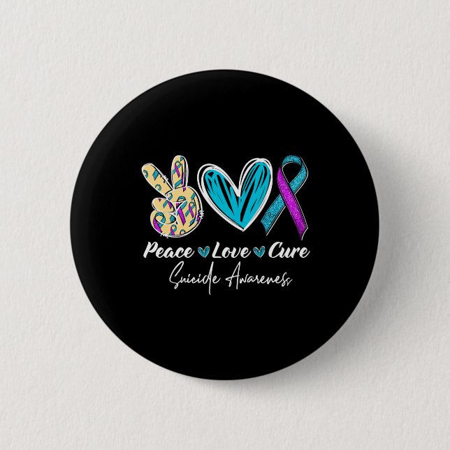 Badge Rond 5 Cm Peace Love Cure Suicide Prévention Coeur (Devant)