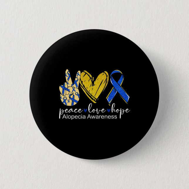 Badge Rond 5 Cm Peace Love Hope Alopecia Awareness Bleu Ruban (Devant)