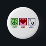 Badge Rond 5 Cm Peace Love Jazz Music Saxophone<br><div class="desc">Peace Love Jazz music. Un joli cadeau de musicien de jazz avec un signe de paix,  un coeur et un saxophone cool.</div>