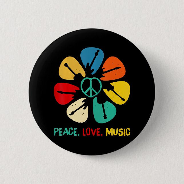 Badge Rond 5 Cm Peace Love Musique Guitare Fleur Rock Et Rouleau (Devant)
