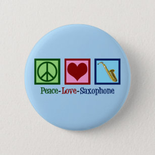Badge Rond 5 Cm Peace Love Saxophone Cute Blue