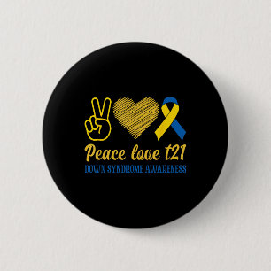 Badge Rond 5 Cm Peace Love T21 Blue Yellow Ribbon Down Syndrome