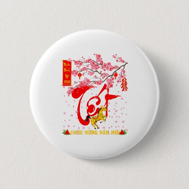 Badge Rond 5 Cm Peach Blossom Vietnamese Lunar New Year Horse 2026 (Devant)