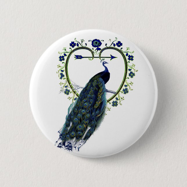 Badge Rond 5 Cm Peacock étonnant et cadre de fleur de coeur orné (Devant)
