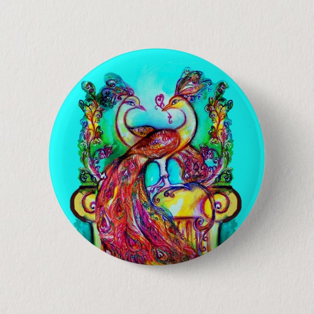 Badge Rond 5 Cm PEACOCKS IN LOVE  MONOGRAM red blue turquase green (Devant)