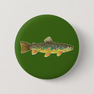 Badge Rond 5 Cm Pêche Brown à la truite Poisson Vert Pêcheur