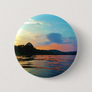 Badge Rond 5 Cm Pêche et coucher de soleil sur le lac de montagne