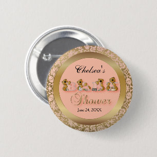 Badge Rond 5 Cm Pêche & Or Damask avec Nounours   BABY SHOWER