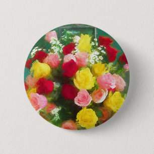 Badge Rond 5 Cm Peinture Bouquet Rose - Jolie Art Fleur Originale