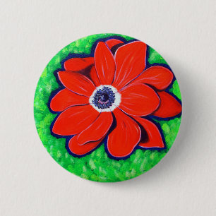 Badge Rond 5 Cm Peinture d'anémone rouge vif