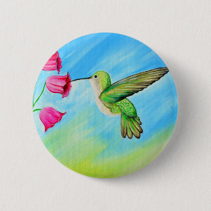 Badge Rond 5 Cm Peinture des colibris et des fleurs roses