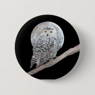 Badge Rond 5 Cm Peinture sur la Chouette neigeuse et la Lune - Art