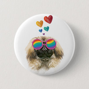 Badge Rond 5 Cm Pekingese Dog with Hearts Saint-Valentin