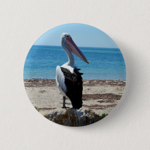 Badge Rond 5 Cm Pélican sur rocher de plage,