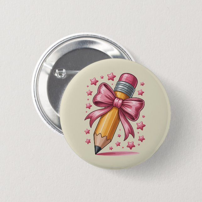 Badge Rond 5 Cm Pencil Coquette Bow Enseignant Appréciation School (Devant & derrière)