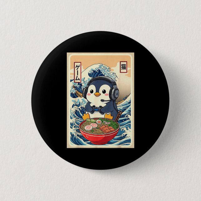Badge Rond 5 Cm Penguin Kawaii Japanese Ramen Noodle Retro Gaming  (Devant)