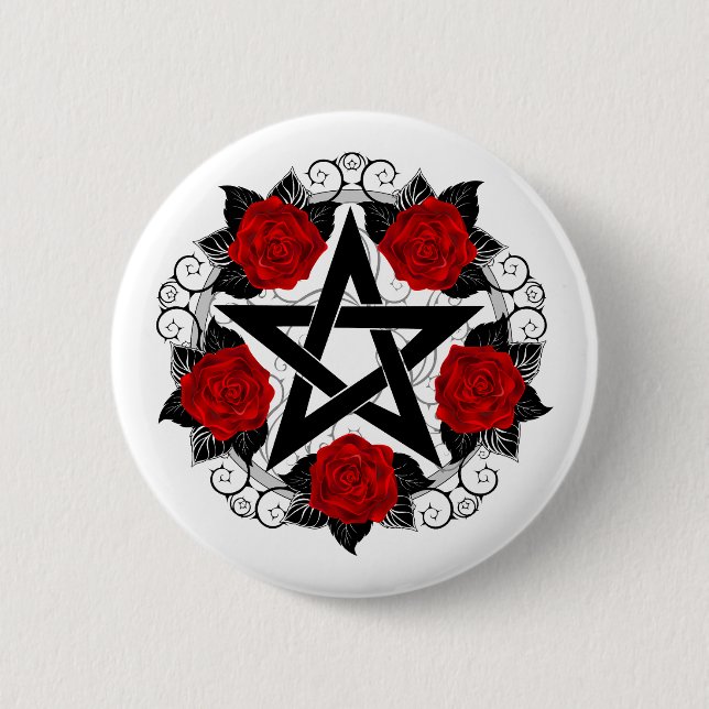 Badge Rond 5 Cm Pentagramme aux roses rouges (Devant)