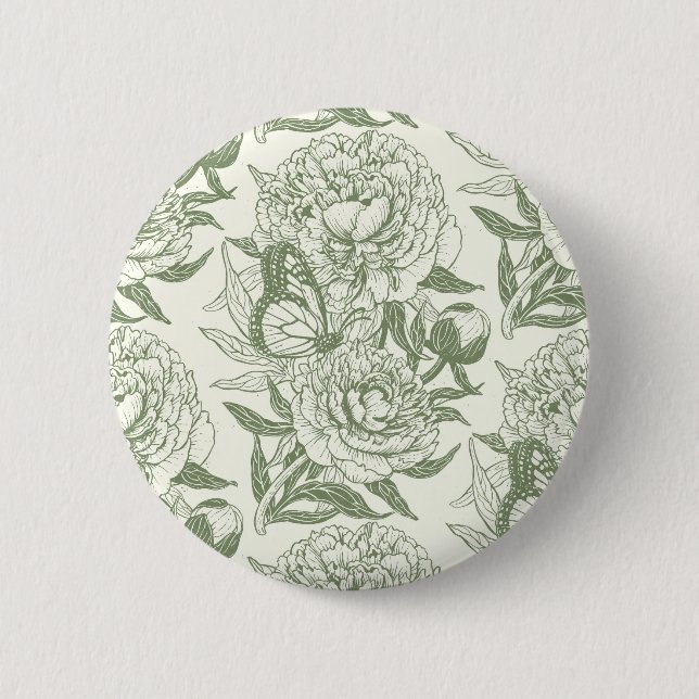 Badge Rond 5 Cm Peoné et papillons bloc impression, sauge vert et (Devant)