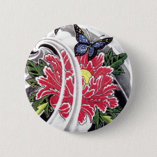 Badge Rond 5 Cm Peony Flower et Papillon Tattoo Design