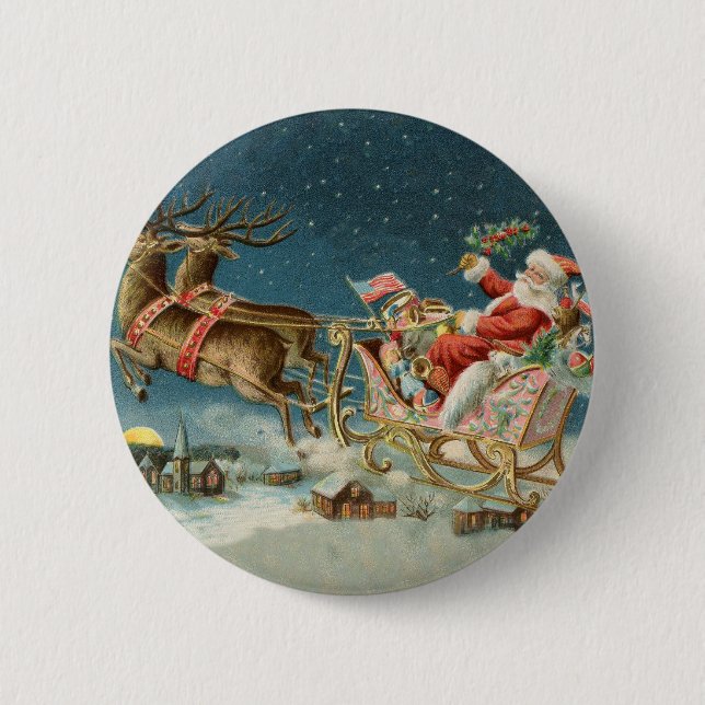 Badge Rond 5 Cm Père Noël Antique Sleigh Reindeer (Devant)