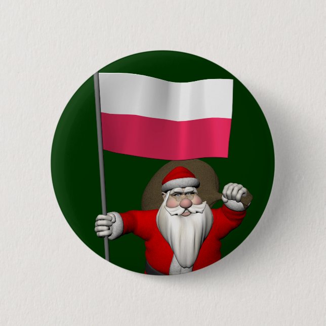 Badge Rond 5 Cm Père Noël Avec Drapeau De Pologne (Devant)