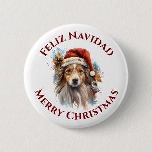 Badge Rond 5 Cm Père Noël bilingue Chien Feliz Navidad Joyeux Noël