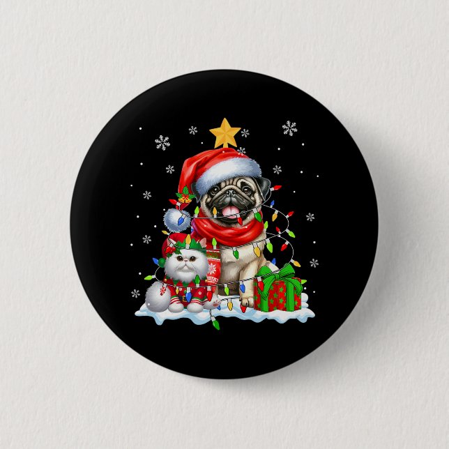 Badge Rond 5 Cm Père Noël Carlin Avec Elf Chat Feux de Noël Propri (Devant)
