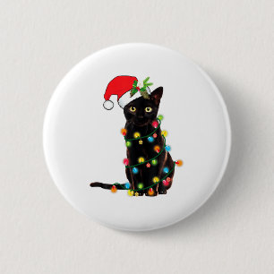 Badge Rond 5 Cm Père Noël chat noir empêtré dans les lumières de N