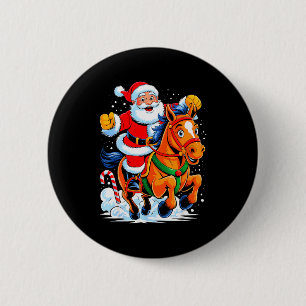 Badge Rond 5 Cm Père Noël chevauchant un cheval drôle équitation N