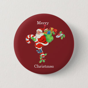 Badge Rond 5 Cm Père Noël chevauchant une canne à sucre