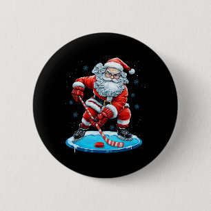 Badge Rond 5 Cm Père Noël de Noël drôle jouant au hockey sur glace